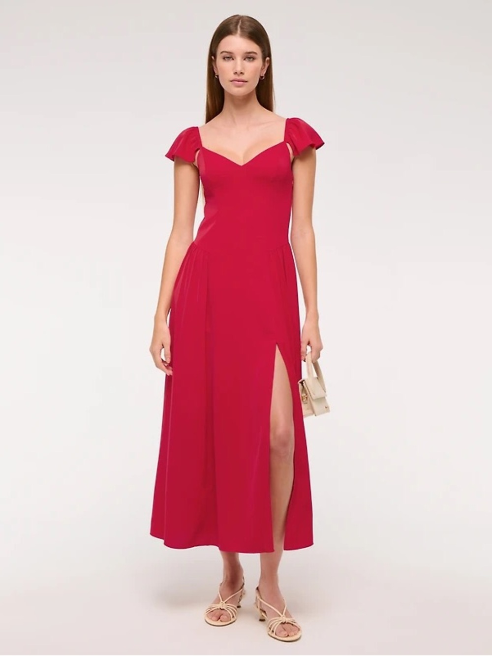 Abercrombie & Fitch Red Flutter-Sleeve Midi Dress with Side Slit